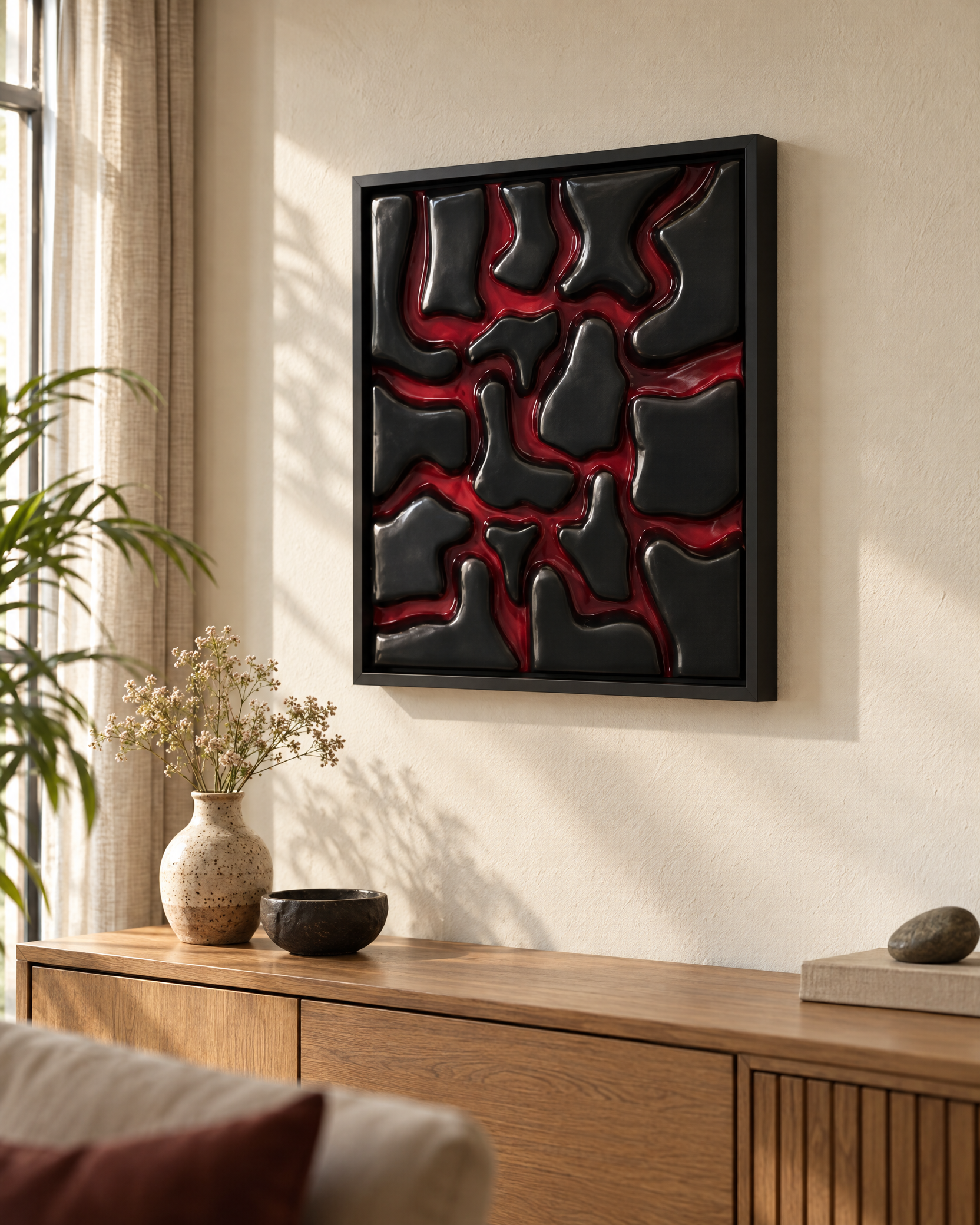 Modern 3D Burgundy & Black Abstract Wall Art - Image 2